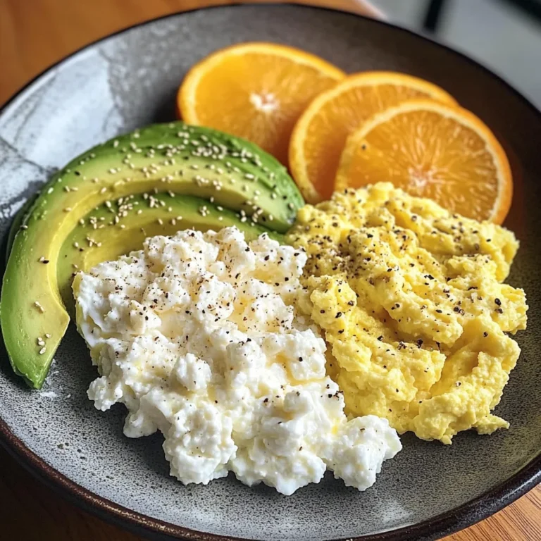 Avocado, Scrambled Eggs & Cottage Cheese Plate with Fresh Orange