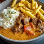 Creamy Coconut Curry Beef with Rice and Fries