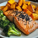 Sesame Glazed Salmon with Sweet Potato Wedges & Broccoli