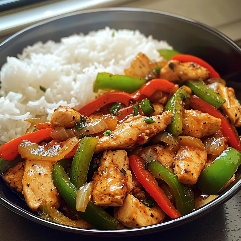 Spicy Garlic Pepper Chicken Stir-Fry with Steamed Rice