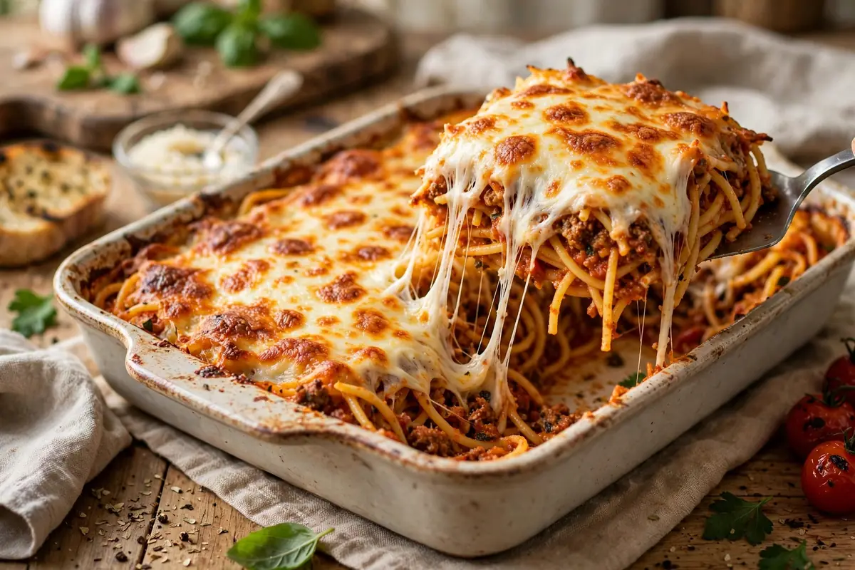 Baked spaghetti casserole with melted mozzarella