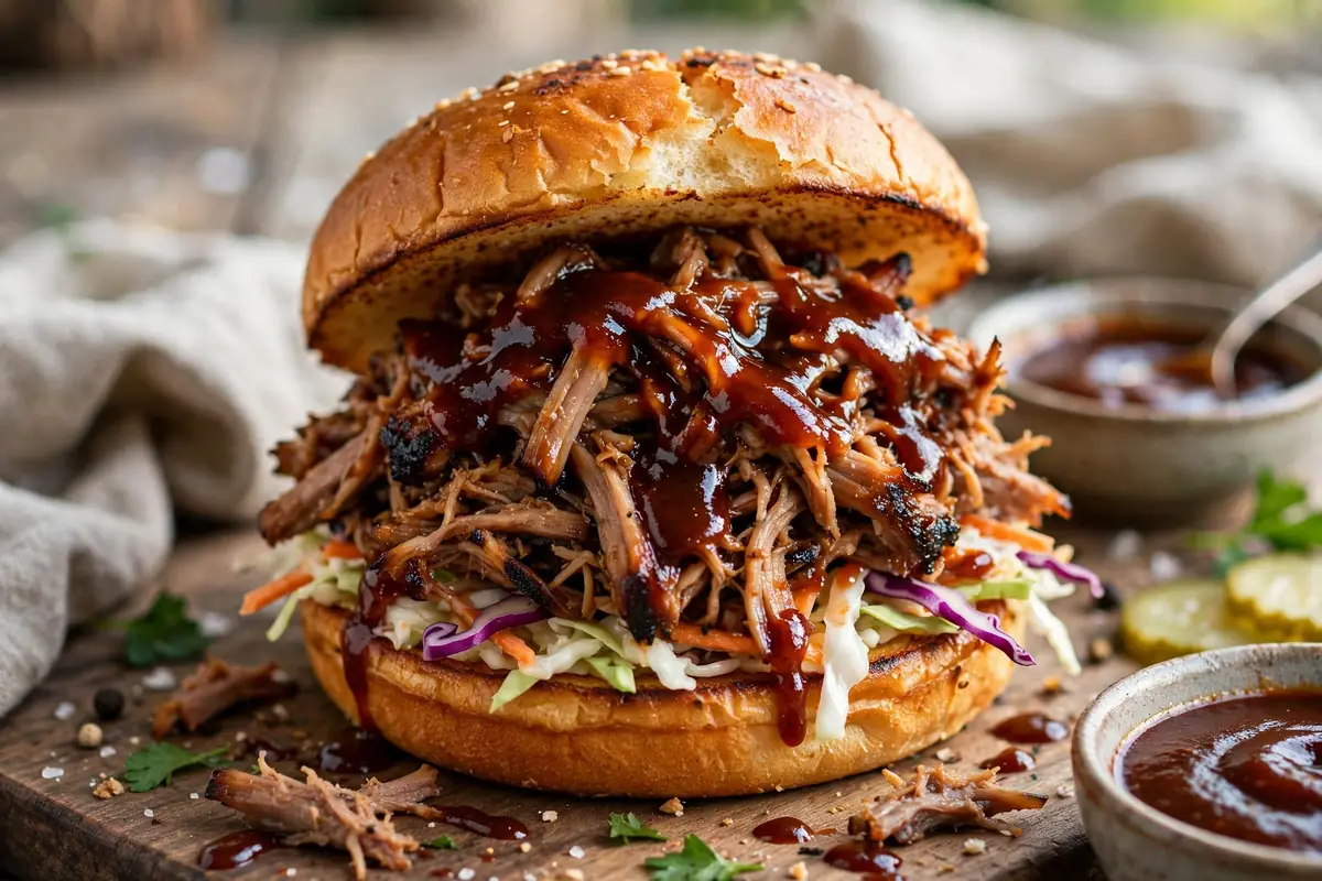 Pulled pork BBQ sandwich piled on a toasted bun