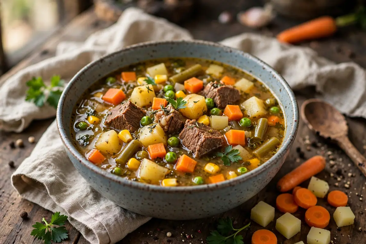 Beef and vegetable soup with potatoes and mixed vegetables