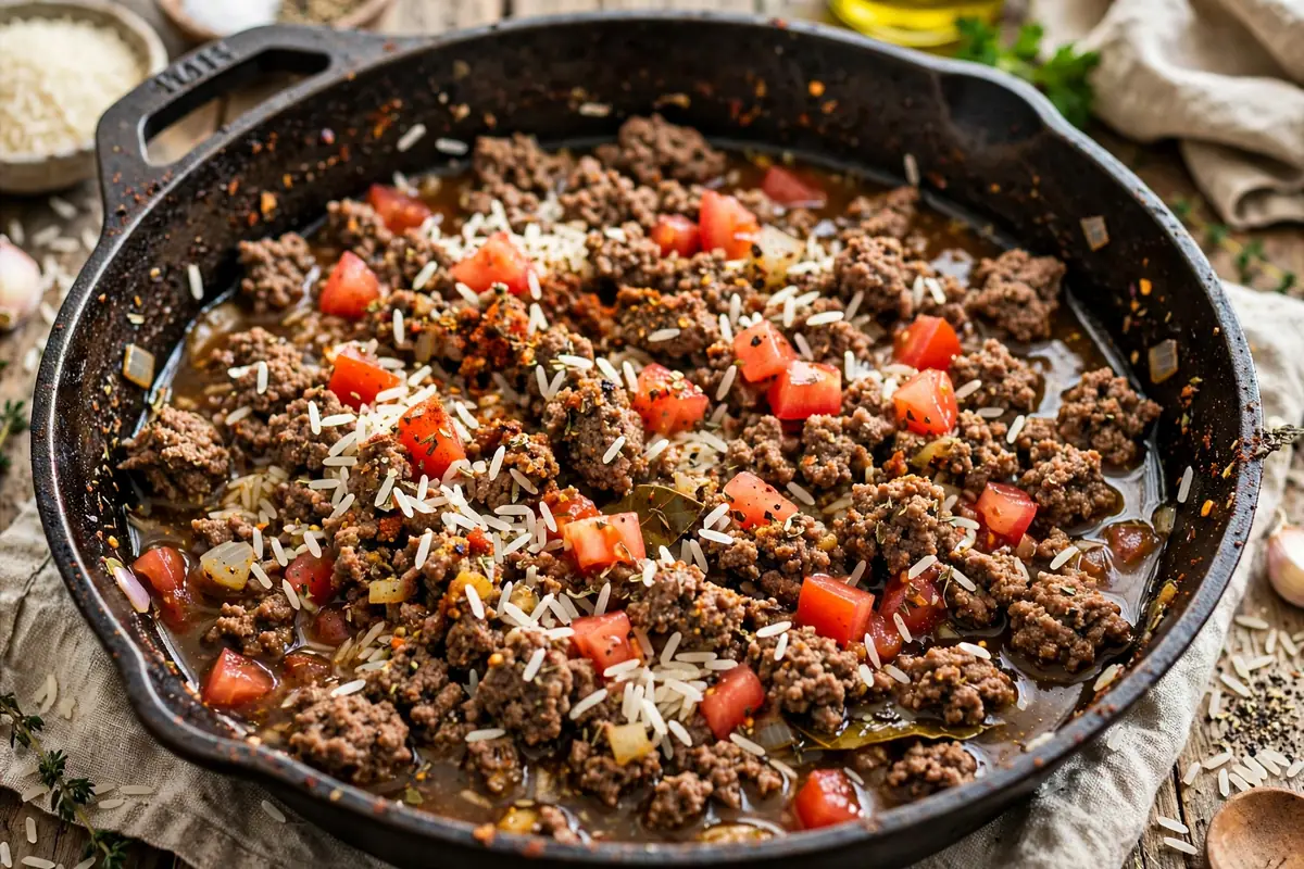 Rice, diced tomatoes, and beef broth added to the spiced beef mixture before simmering