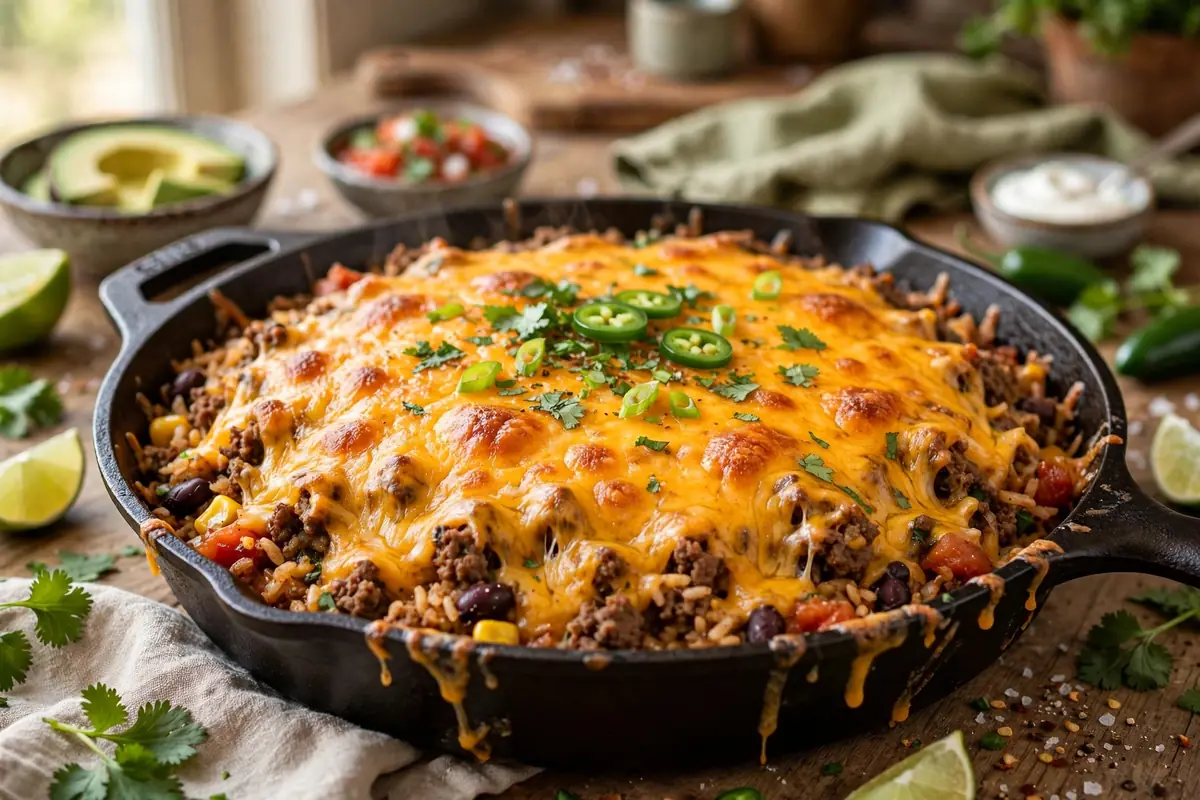 Beef taco rice skillet topped with melted cheddar