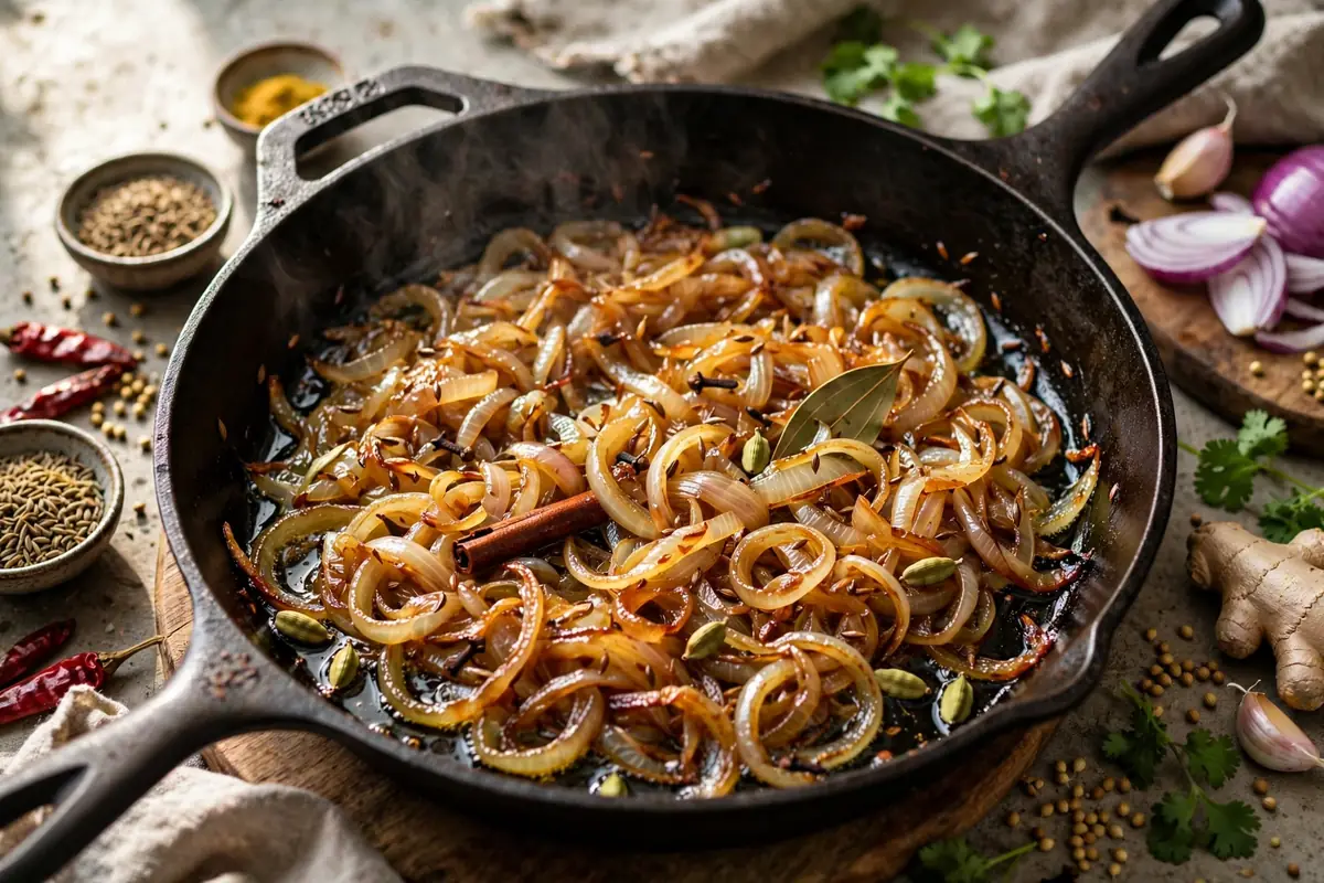 Golden browned onions in a skillet for chana masala
