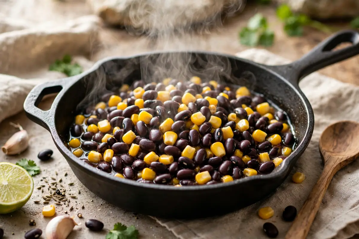 Black beans and corn warming in a small pan
