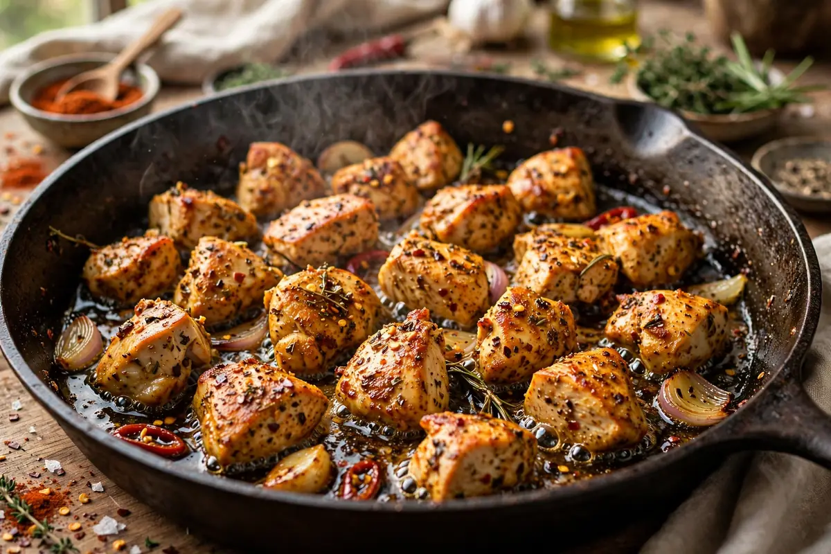 Spiced chicken pieces browning in a skillet for a weeknight dinner