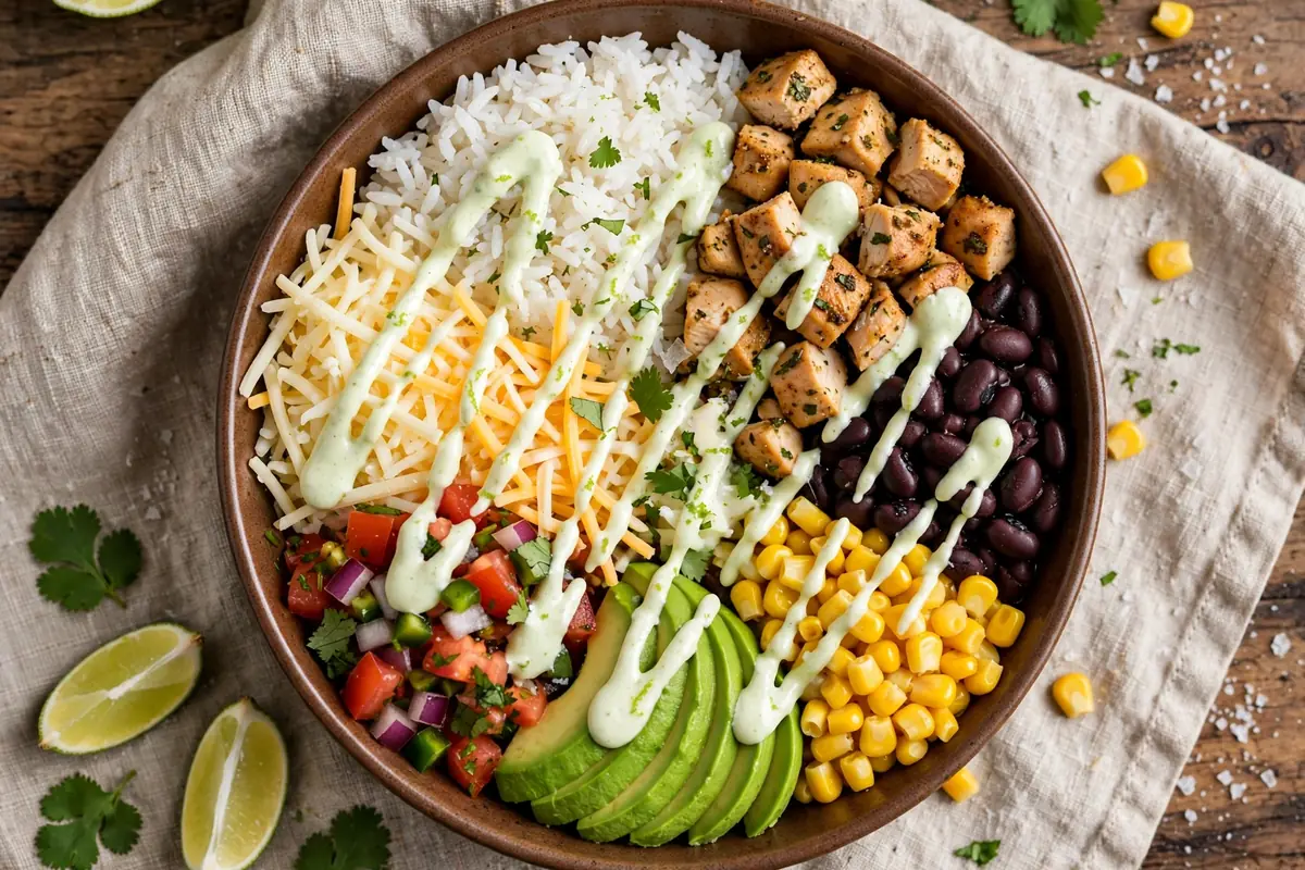 Finished burrito bowl with all toppings arranged in sections, seen from overhead