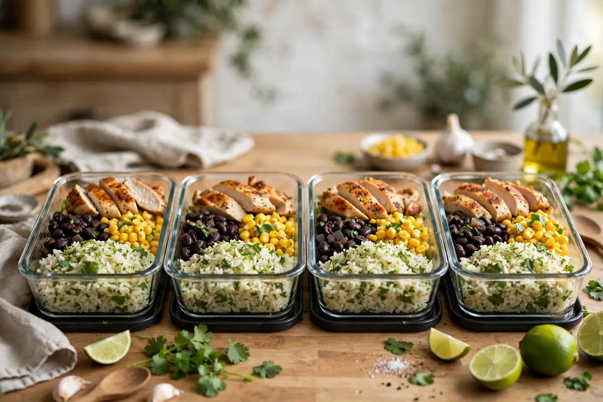 Meal prep containers filled with chicken, rice, black beans, and corn