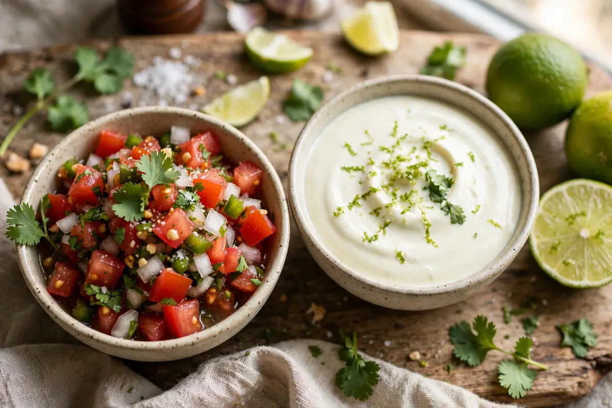 Fresh pico de gallo and creamy lime crema in two small bowls