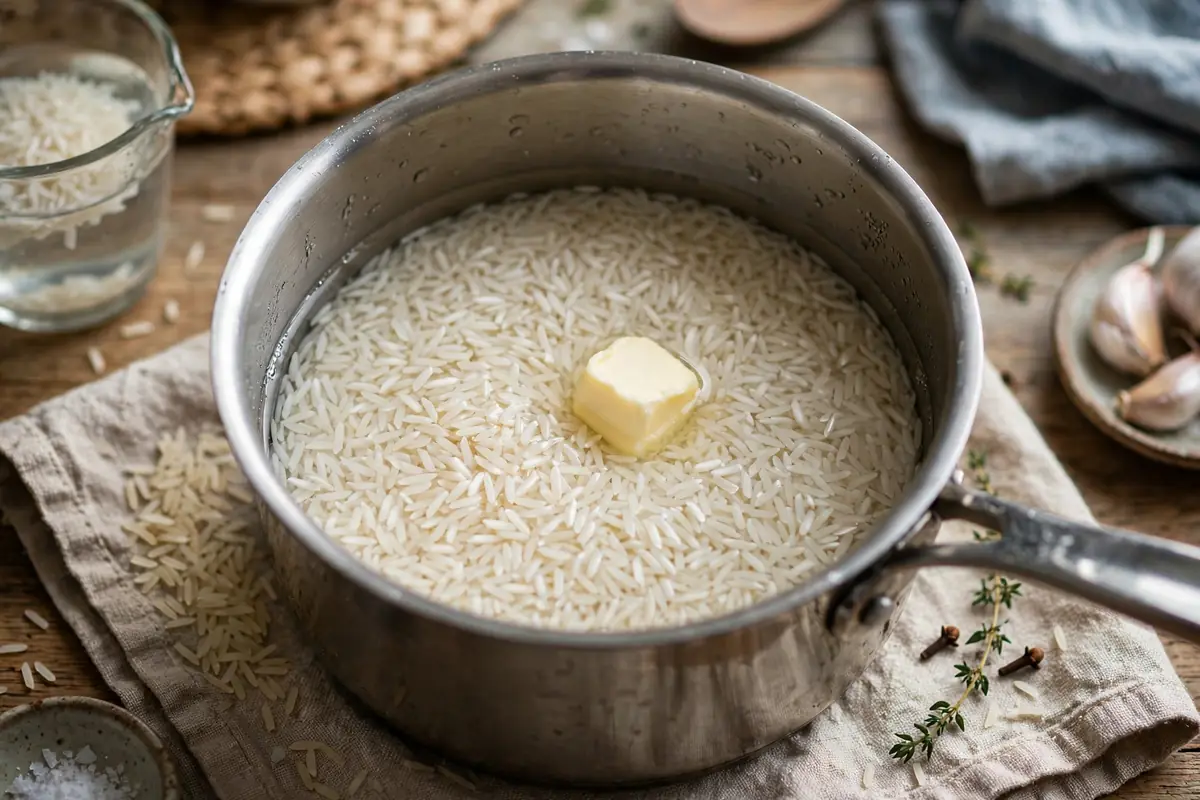 Rinsed long-grain white rice in a saucepan with water and butter before cooking