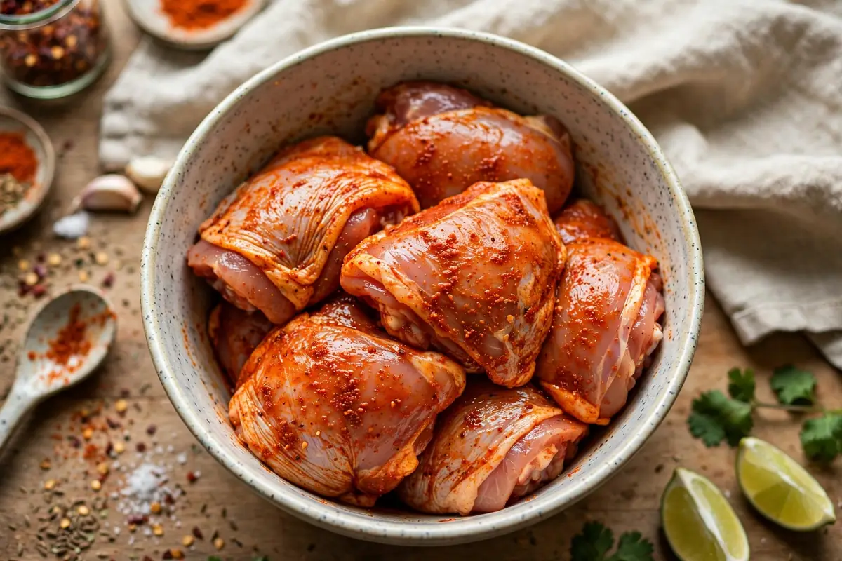 Raw chicken pieces coated in red-orange spices in a mixing bowl