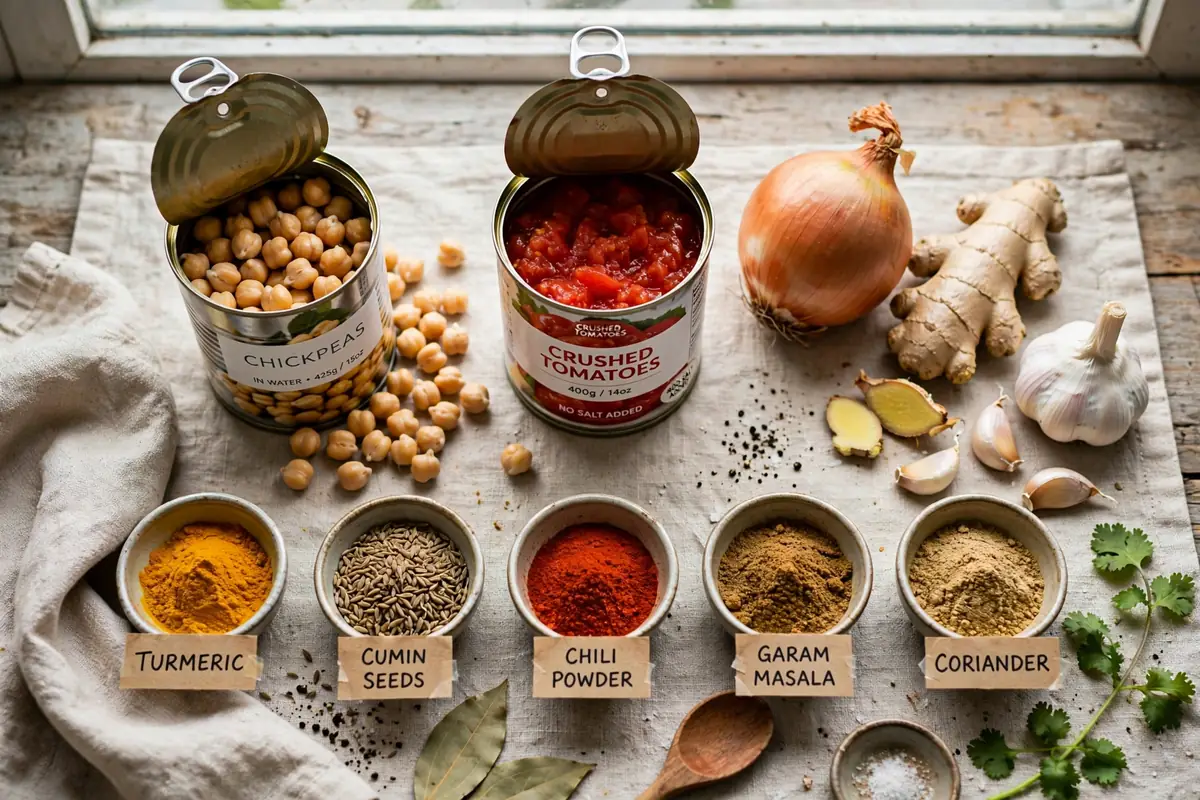 Ingredients for chana masala laid out on a counter, including chickpeas, tomatoes and spices
