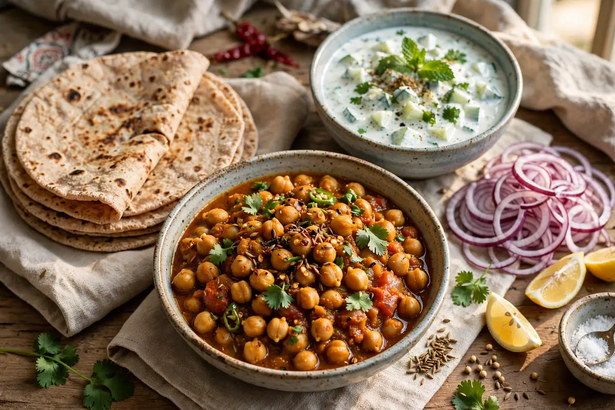 Chana masala served with roti, raita and sliced onion