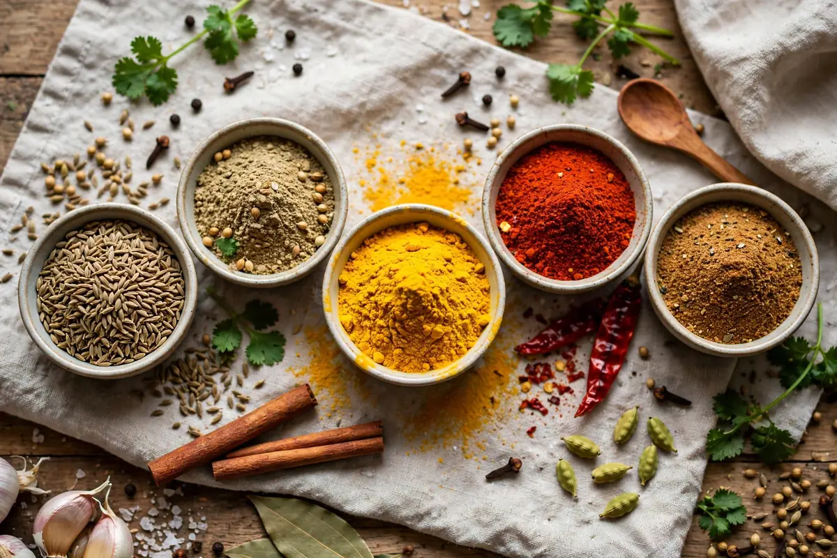 Spice bowl with cumin, coriander, turmeric, chili powder and garam masala