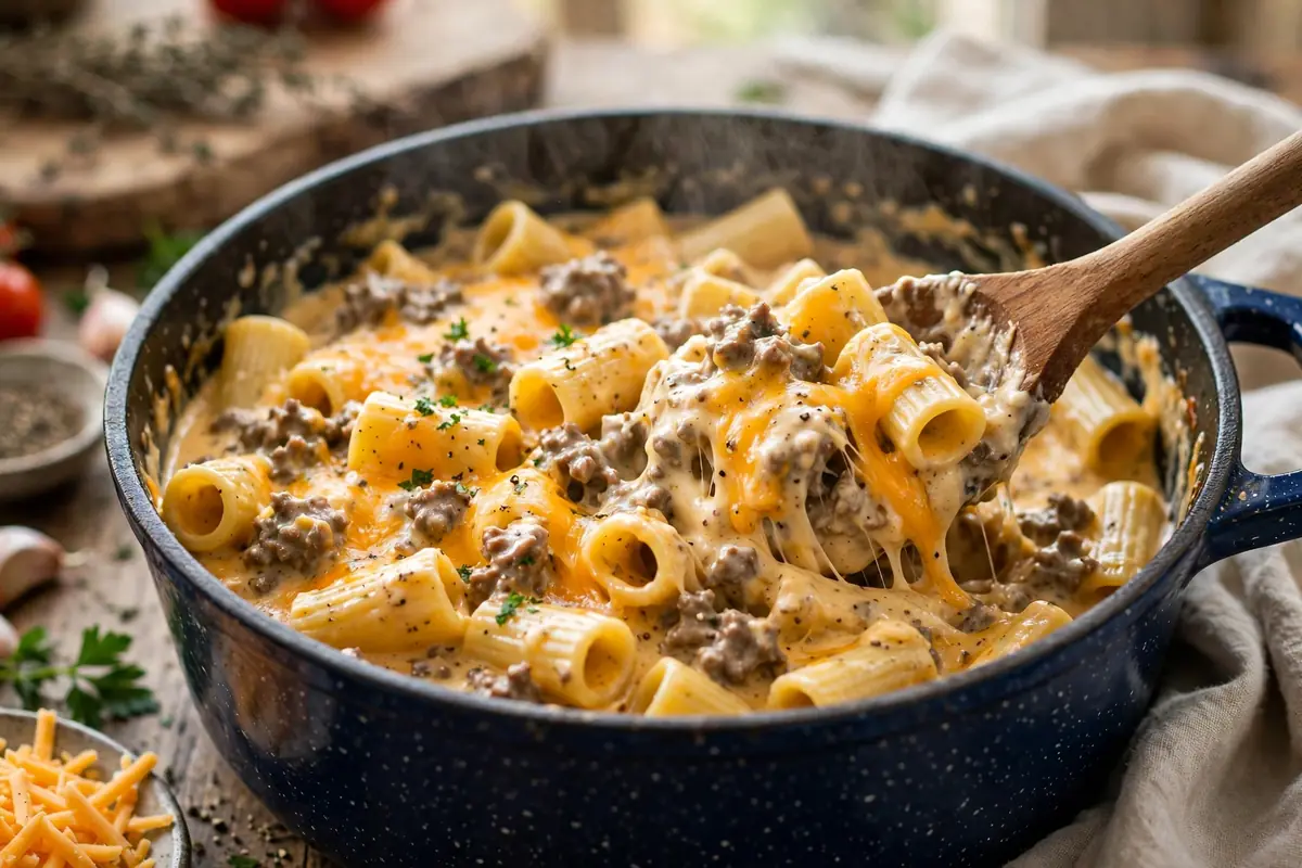 Creamy cheesy beef pasta being stirred in the pot