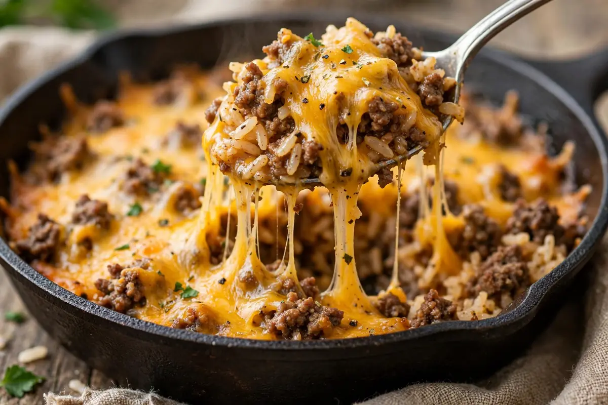Close-up of a spoon lifting a scoop of cheesy beef and rice with melted cheddar