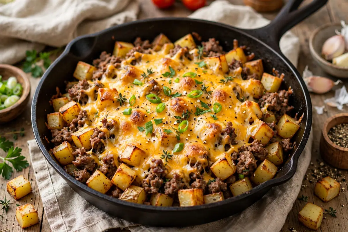 Cheesy potato and beef skillet