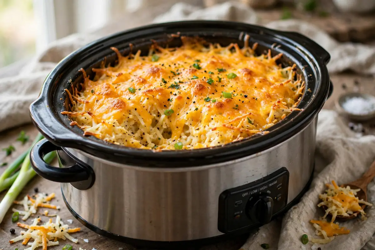Cheesy potato casserole with hash browns and melted cheddar