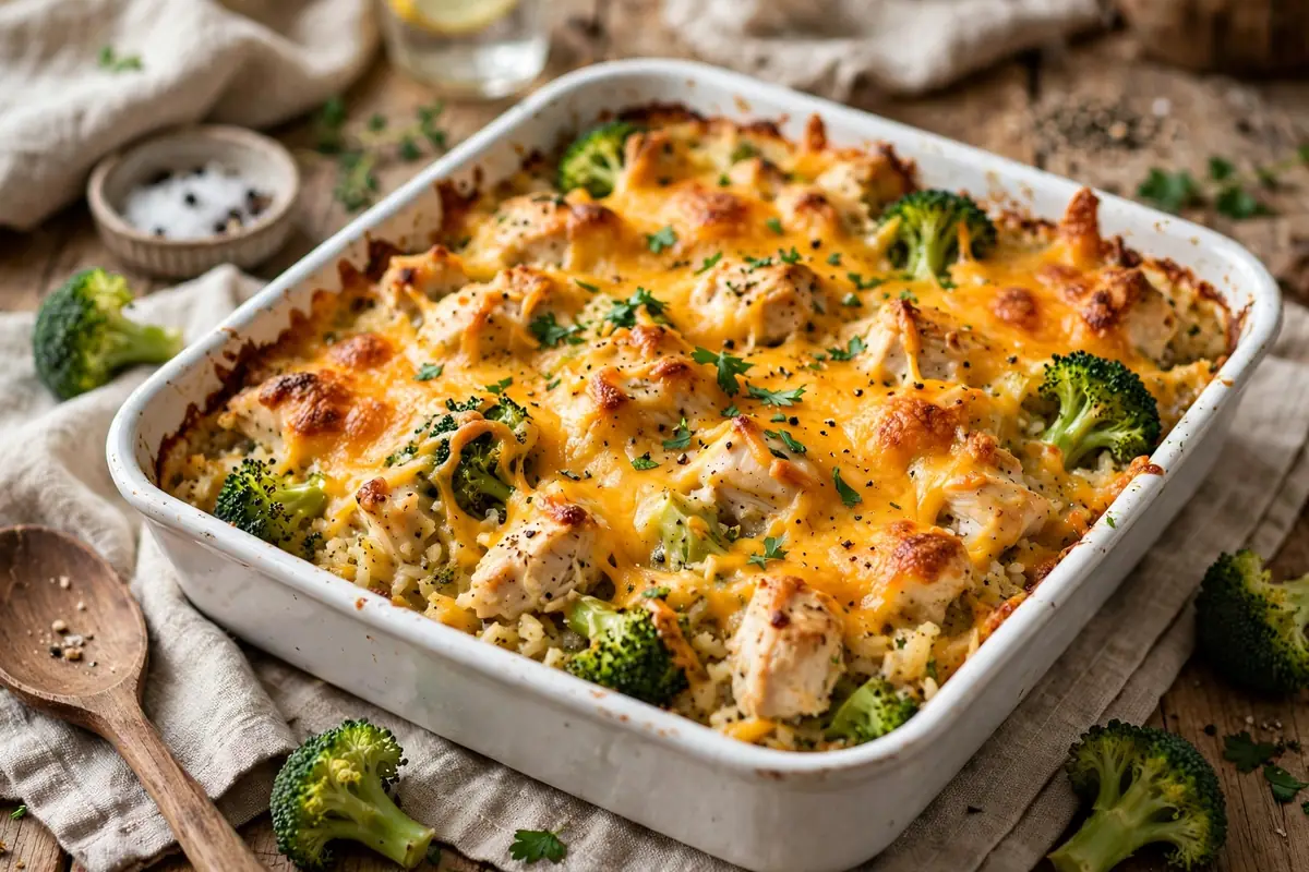 Chicken broccoli rice casserole with melted cheddar