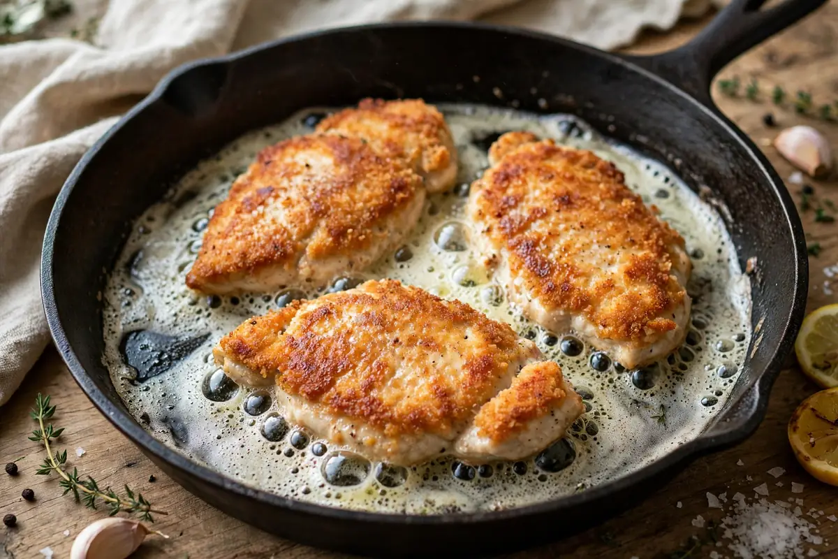 Chicken cutlets searing golden brown in a skillet with butter