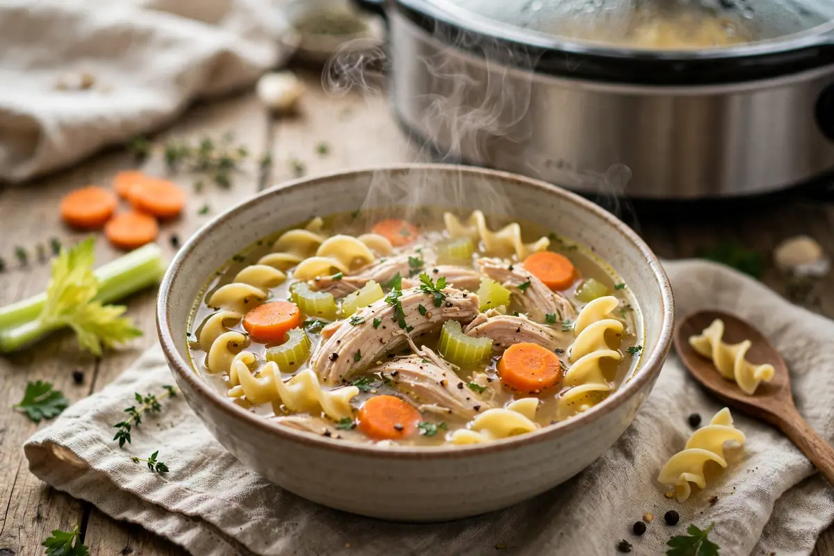Slow cooker chicken noodle soup with carrots, celery and egg noodles