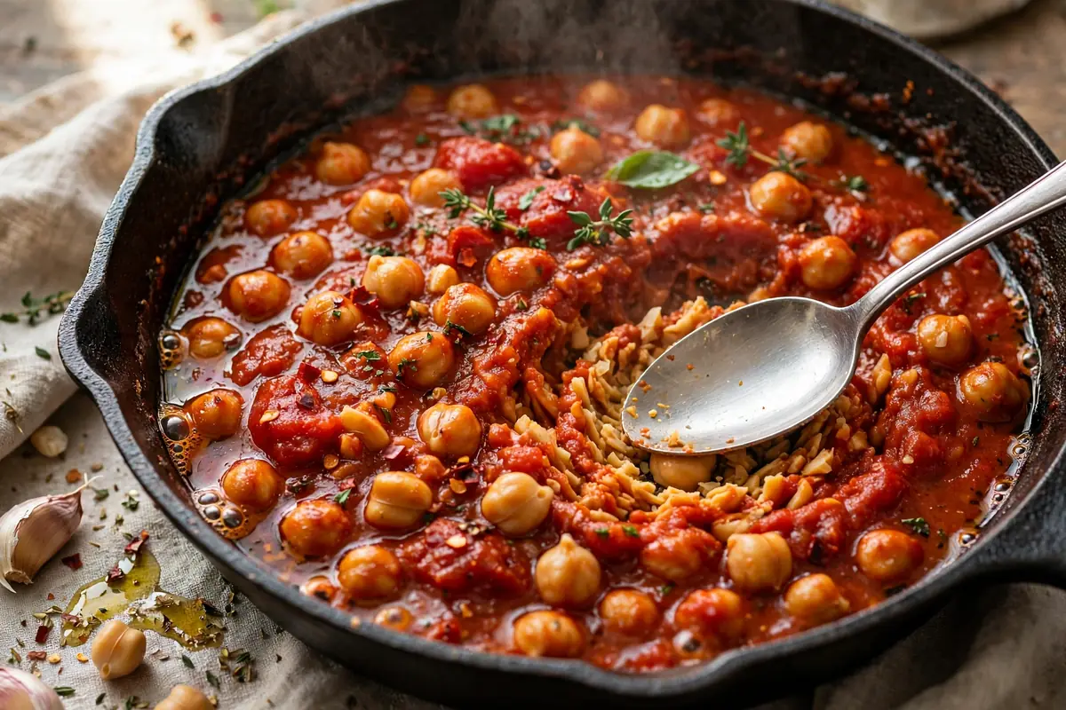 Chickpeas simmering in thick tomato sauce, one being mashed with a spoon