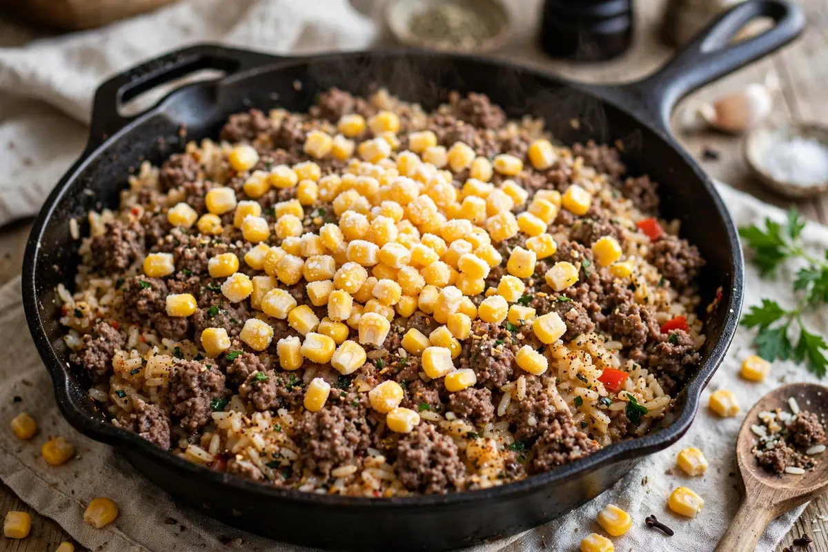 Corn sprinkled over the cooked beef and rice mixture