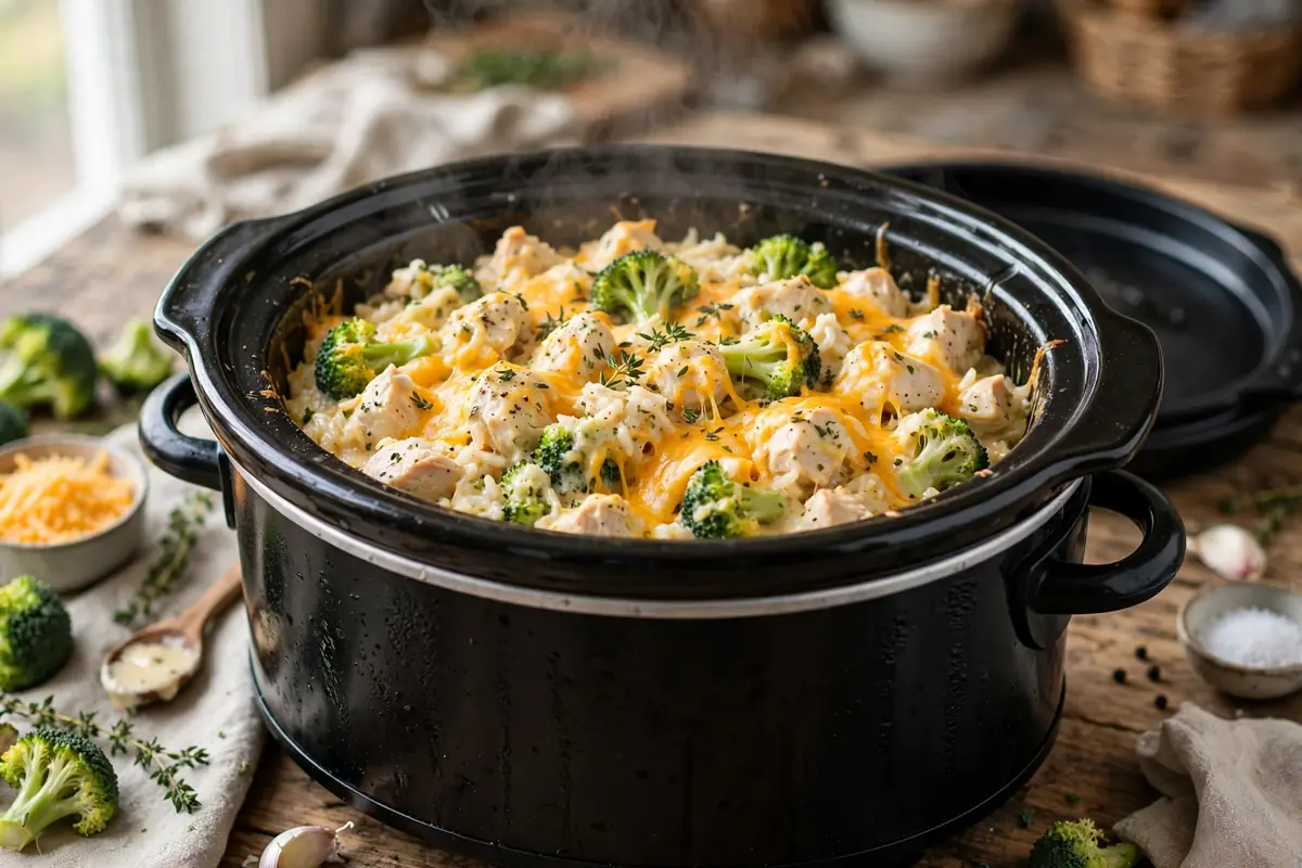 Creamy crockpot chicken and rice with cheddar and broccoli