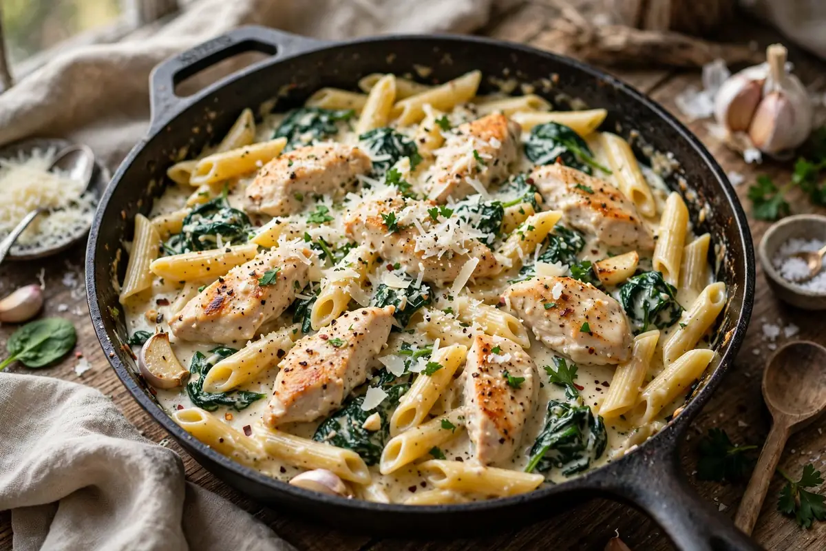 Creamy garlic chicken pasta with penne and spinach