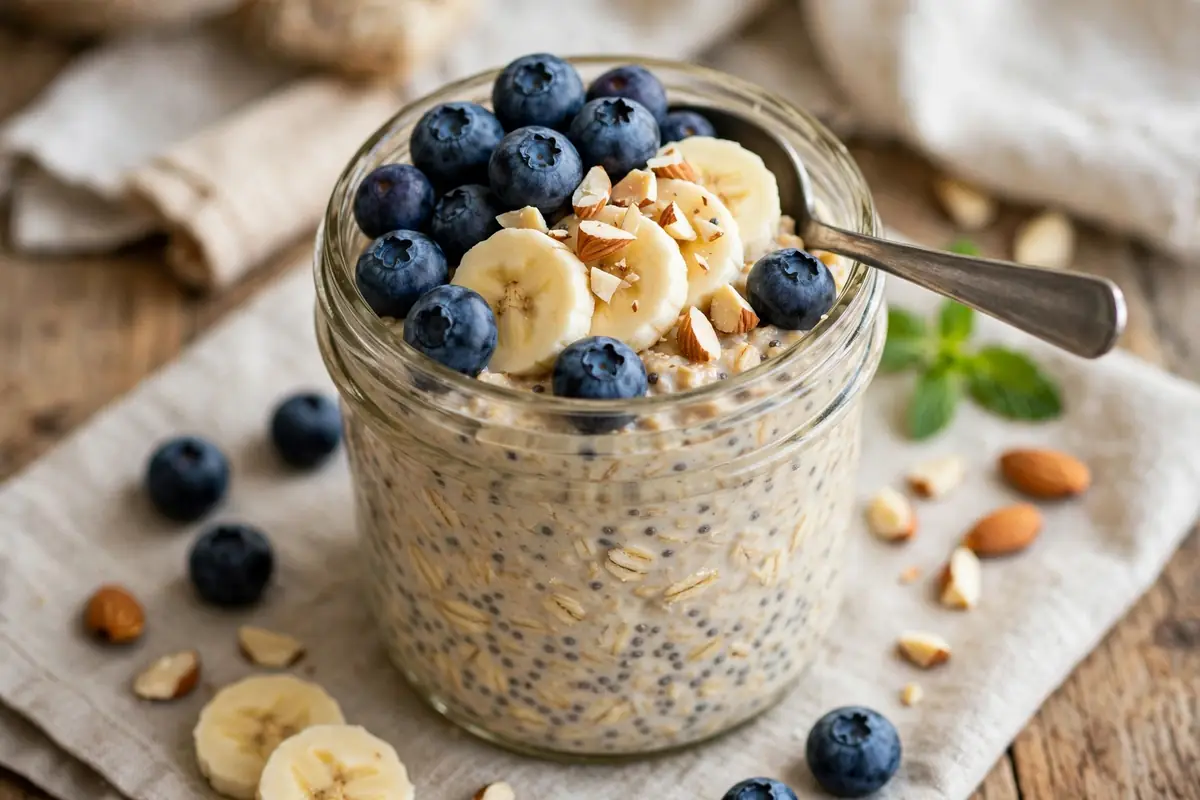 Finished overnight oats jar topped with blueberries, sliced banana, and almonds