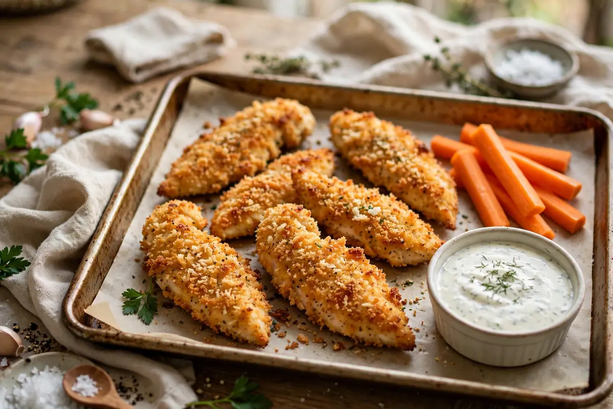 Crispy oven chicken tenders with carrot sticks and ranch
