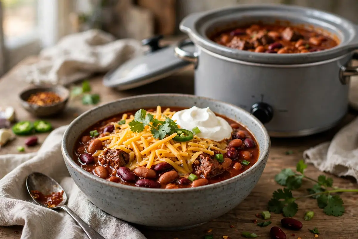 Crockpot chili with beans topped with shredded cheddar and sour cream