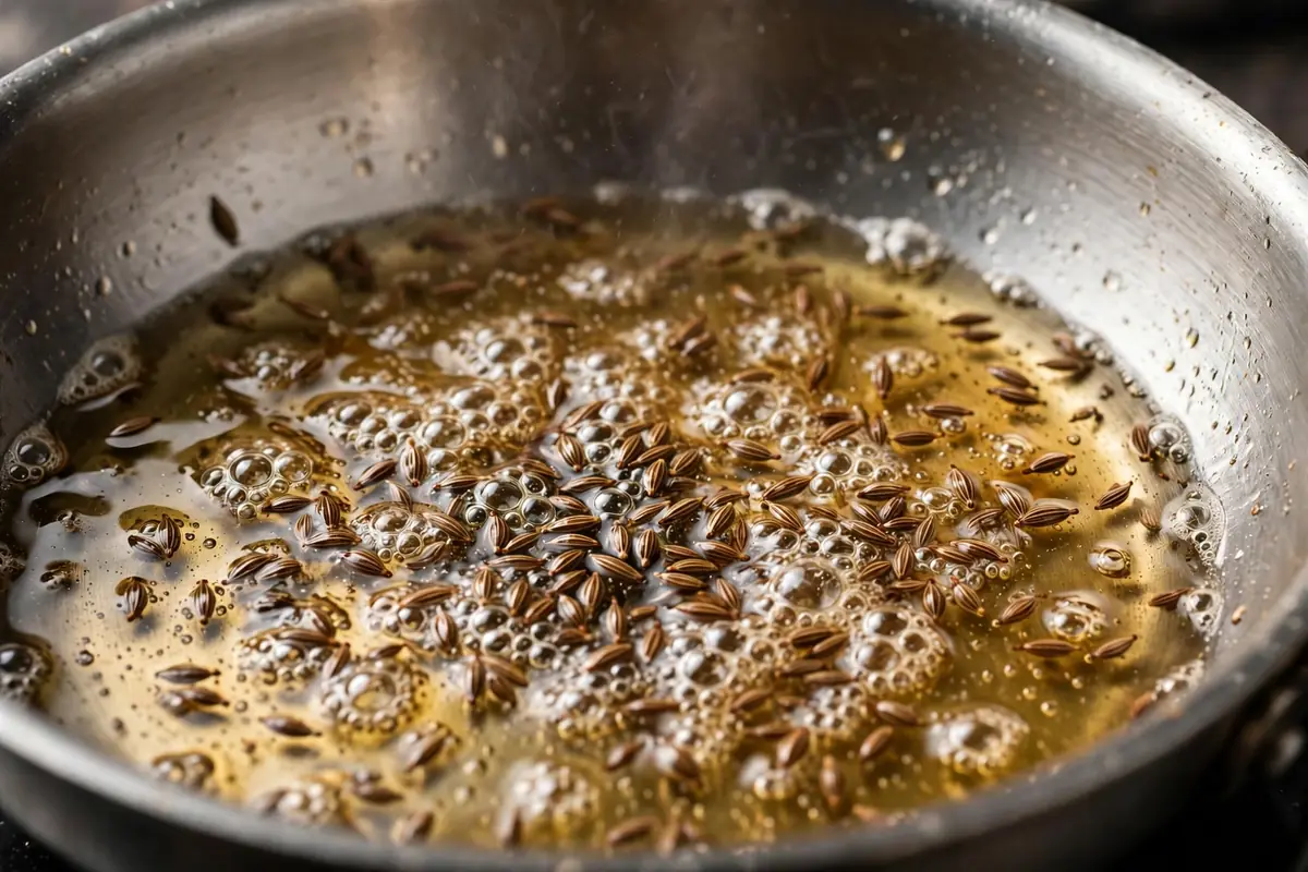 Cumin seeds sizzling in oil in a stainless steel skillet