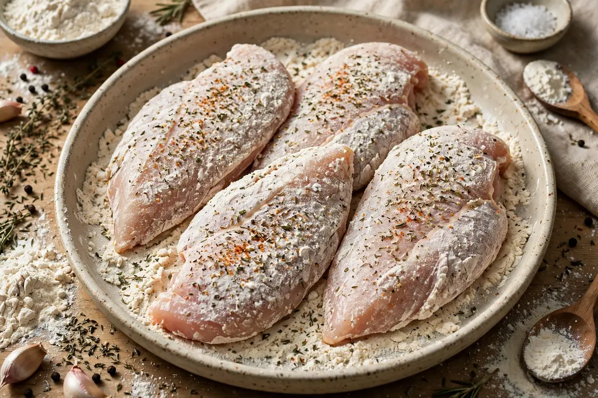 Chicken cutlets dredged in seasoned flour in a shallow dish