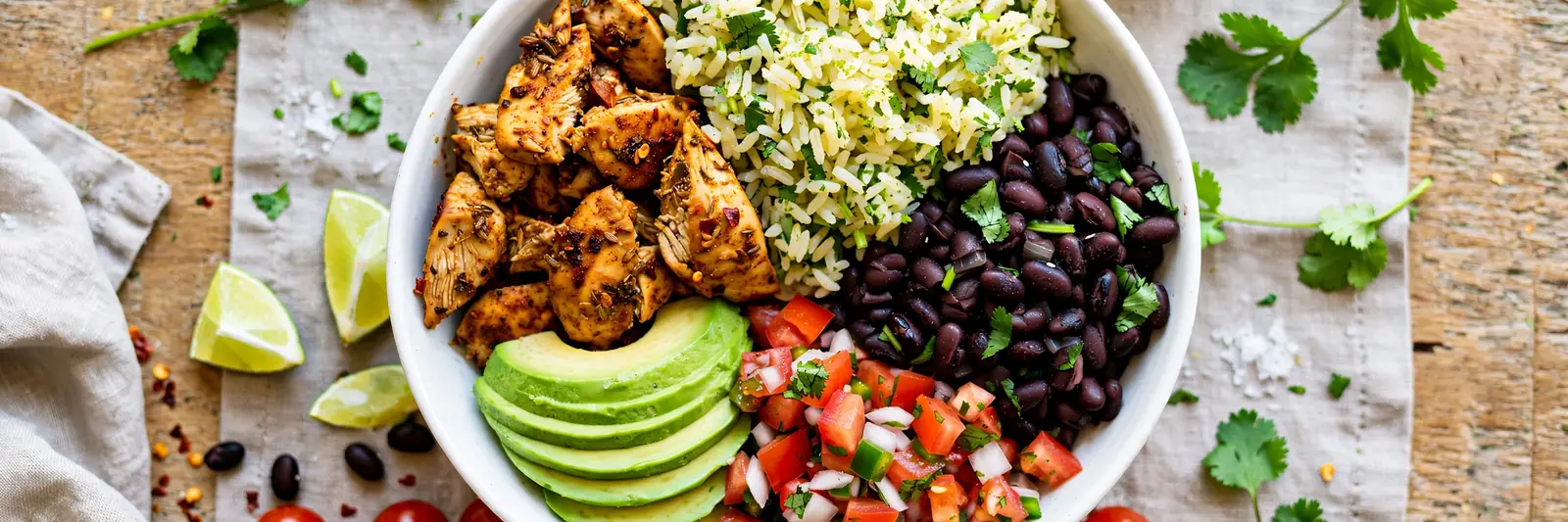 Easy burrito bowl with chicken, cilantro-lime rice, black beans, pico de gallo, and sliced avocado in a white bowl