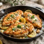 Easy dinner recipes chicken: golden garlic butter chicken cutlets in a skillet with lemon sauce