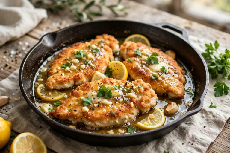 Easy dinner recipes chicken: golden garlic butter chicken cutlets in a skillet with lemon sauce
