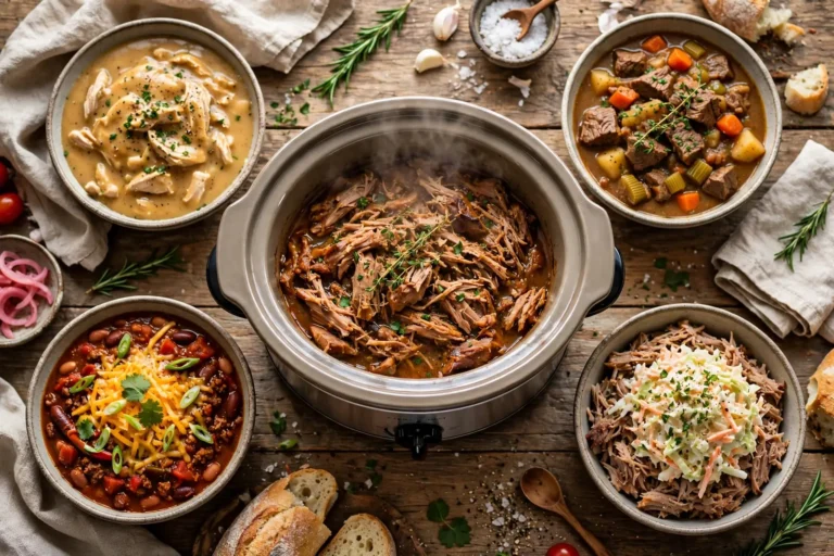 Easy dinner recipes crockpot spread with slow cooker chicken, beef stew, chili and pulled pork