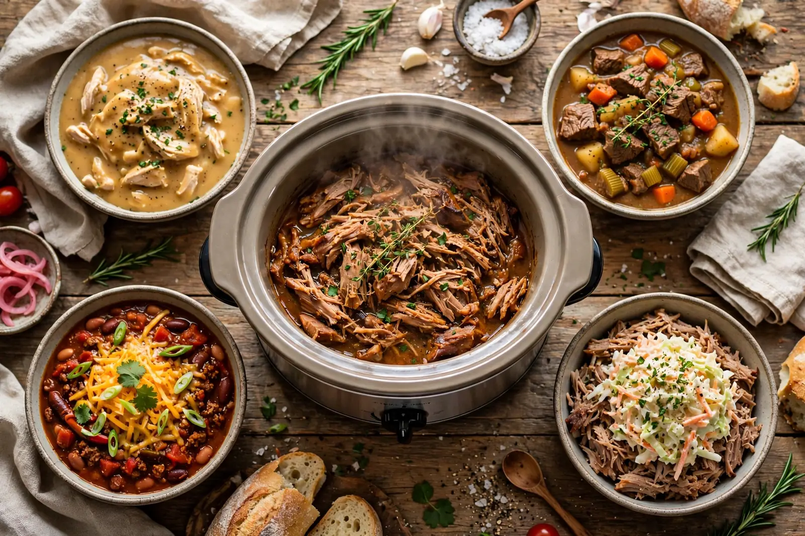 Easy dinner recipes crockpot spread with slow cooker chicken, beef stew, chili and pulled pork