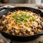 Easy dinner recipes with ground beef: cheesy one-pan skillet served in a black pan with green onions