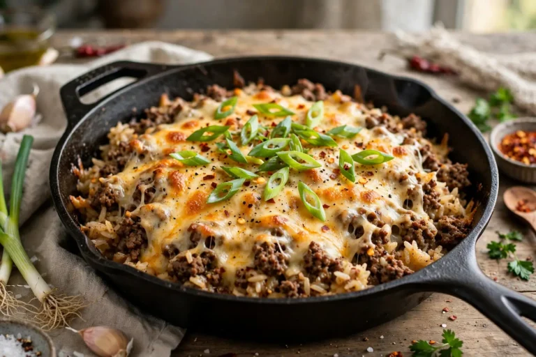 Easy dinner recipes with ground beef: cheesy one-pan skillet served in a black pan with green onions
