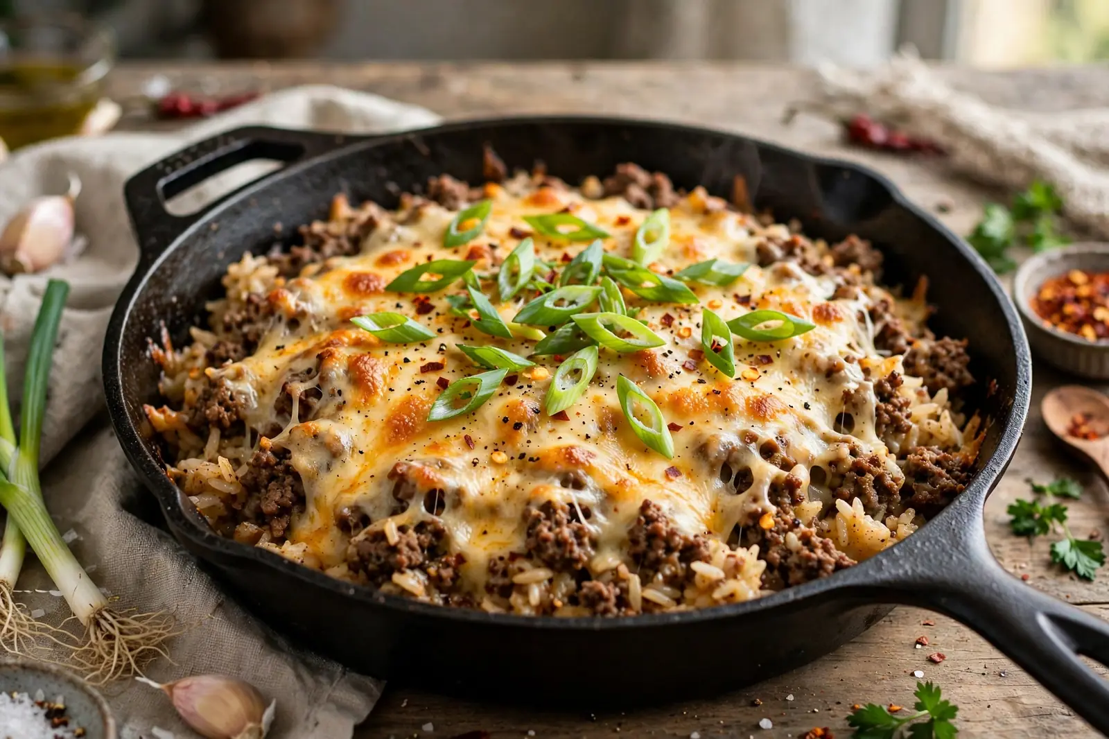 Easy dinner recipes with ground beef: cheesy one-pan skillet served in a black pan with green onions