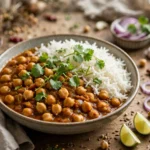 Bowl of easy vegetarian Indian dinner chana masala with rice and cilantro
