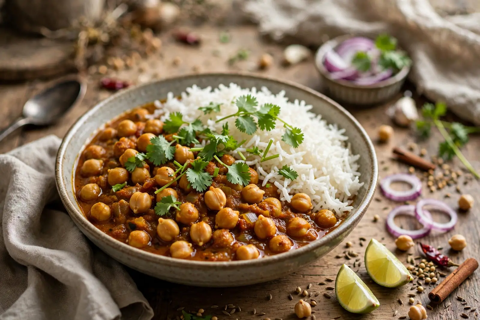 Bowl of easy vegetarian Indian dinner chana masala with rice and cilantro