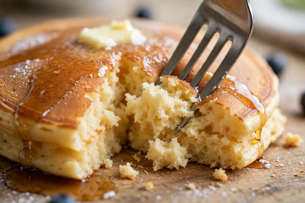 Close-up of a golden, tender pancake being cut with a fork to show the fluffy inside