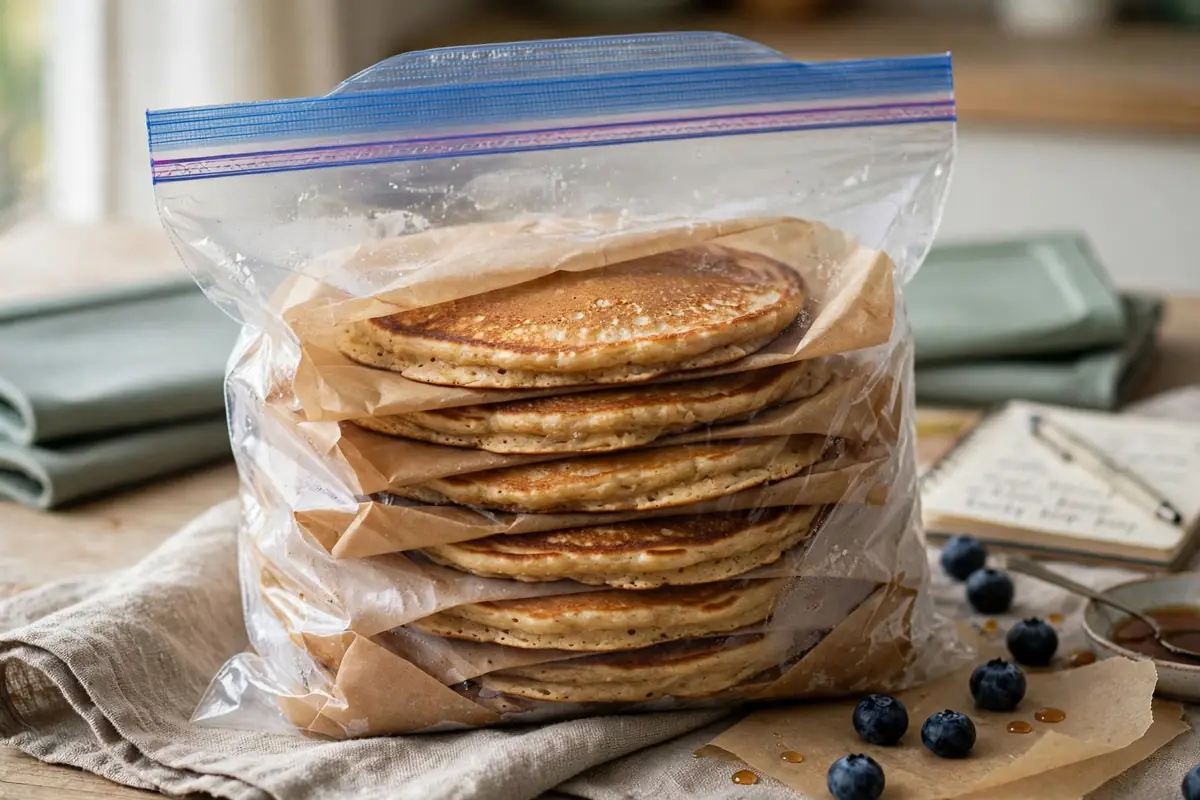 Freezer bag of leftover pancakes layered with parchment paper for meal prep