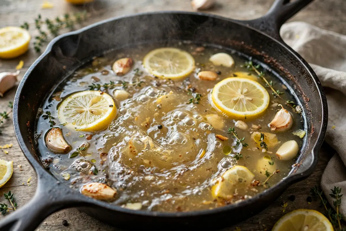 Lemon garlic broth simmering in the skillet with browned bits lifting off the pan
