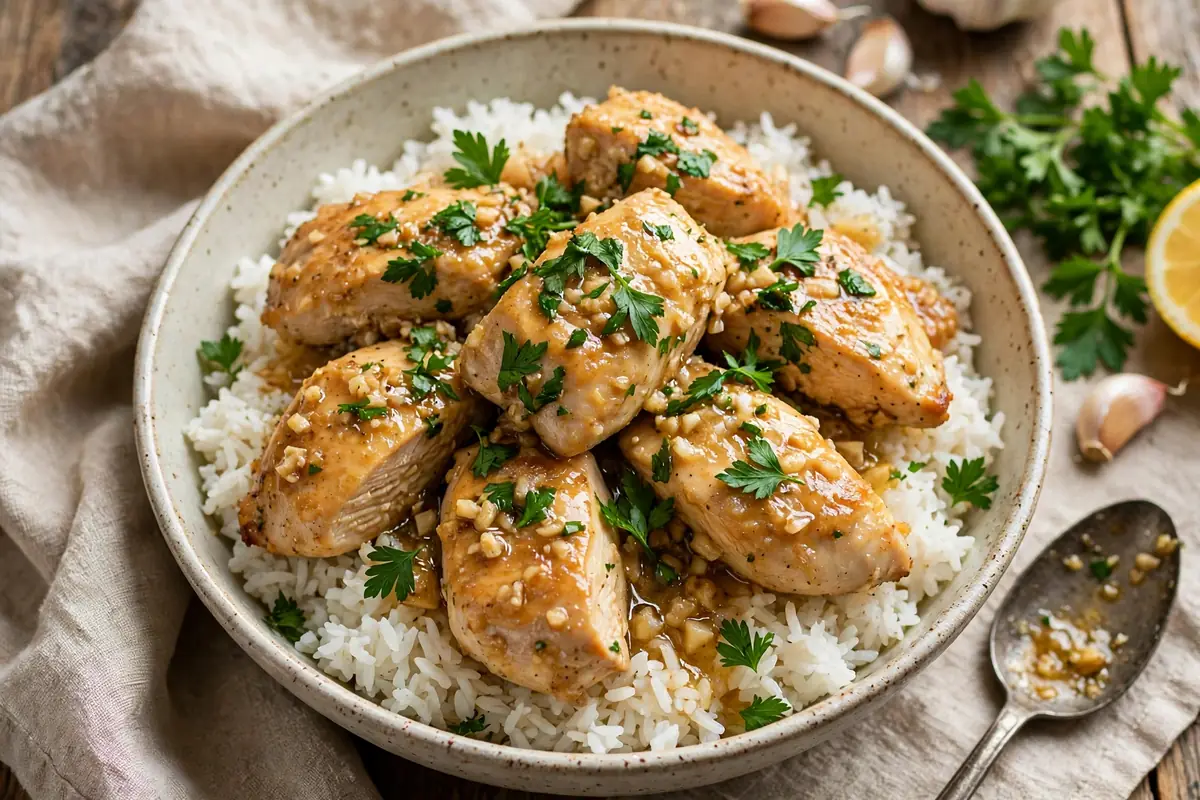 Finished garlic butter chicken served over rice with fresh parsley